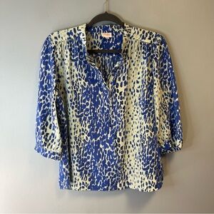 Parker Blouse White & Blue Dotted 100% Silk 3/4 Sleeve Top w/ Buttons Sz M EUC